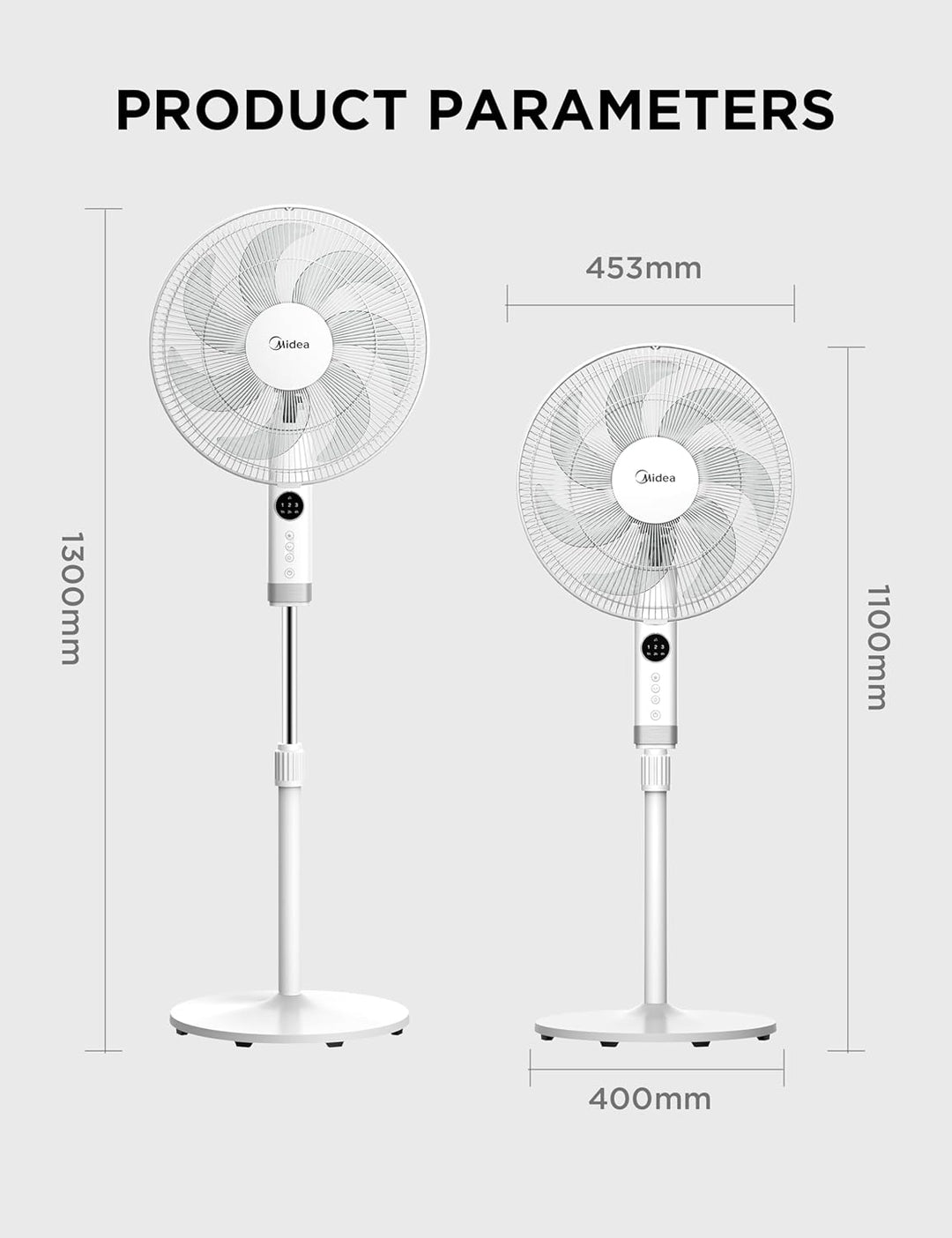 Midea FS40-23MR Standventilator mit 3 Geschwindigkeiten, Teleskophöhe und -grösse, Fernbedienung, du