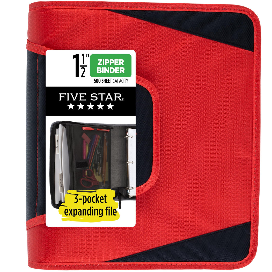Five Star Reissverschluss-Binder, 3,8 cm 3-Ringbuch für Schule, 3 Fächer, 500 Blatt Kapazität, Rot (