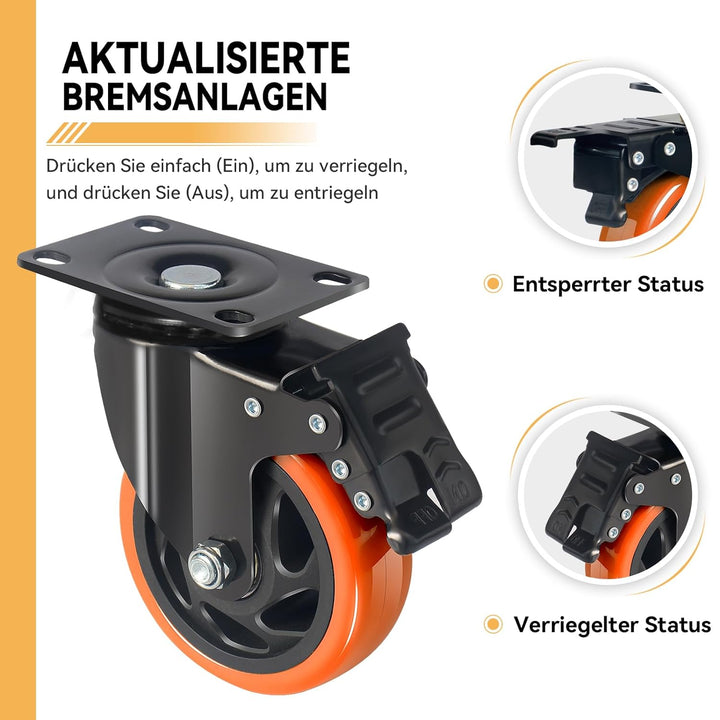 BAOLIHUI 100mm Orange Schwerlastrollen - 4er Set Lenkrollen mit Bremsen bis 600KG inkl. Montagezubeh