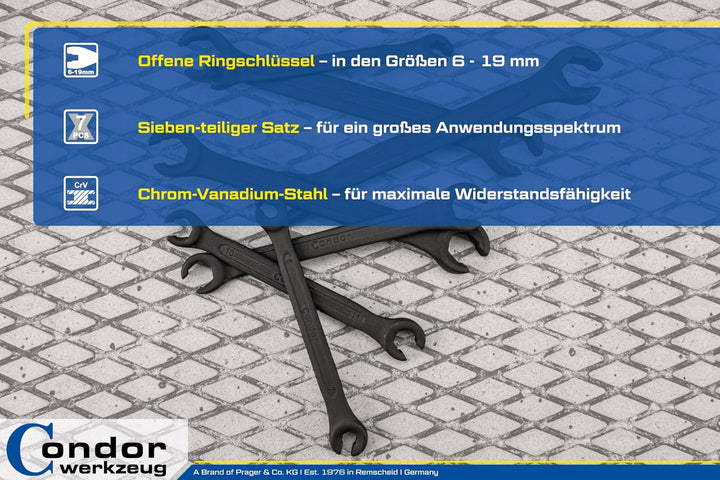 CONDOR Werkzeug 55084 | Offener Ringschlüssel-Satz | Leitungsschlüssel-Satz | 7-tlg. | SW 6x7-18x19