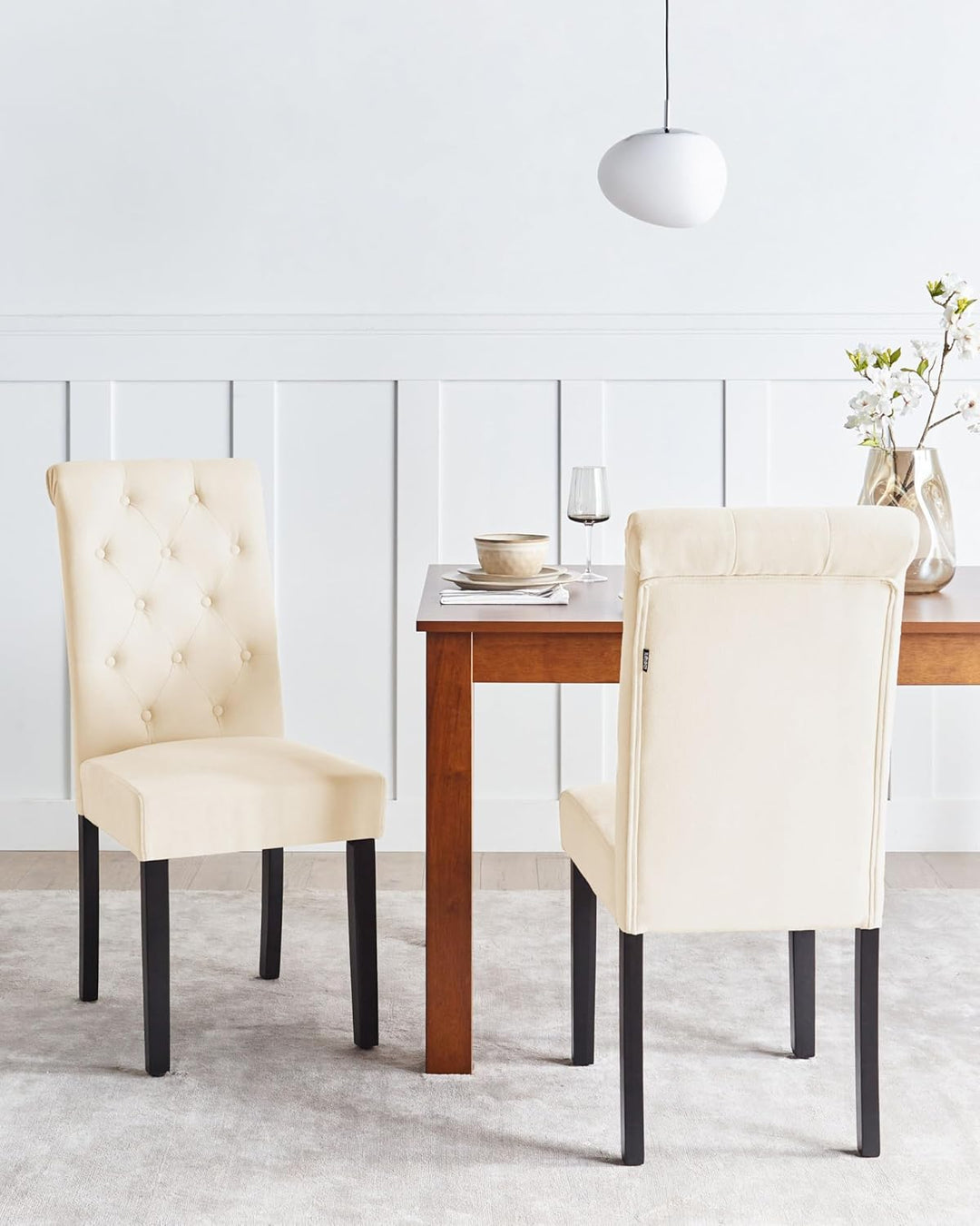 Polsterstuhl creme 2er Set Beine aus Kiefernholz Glamour Stil Velva