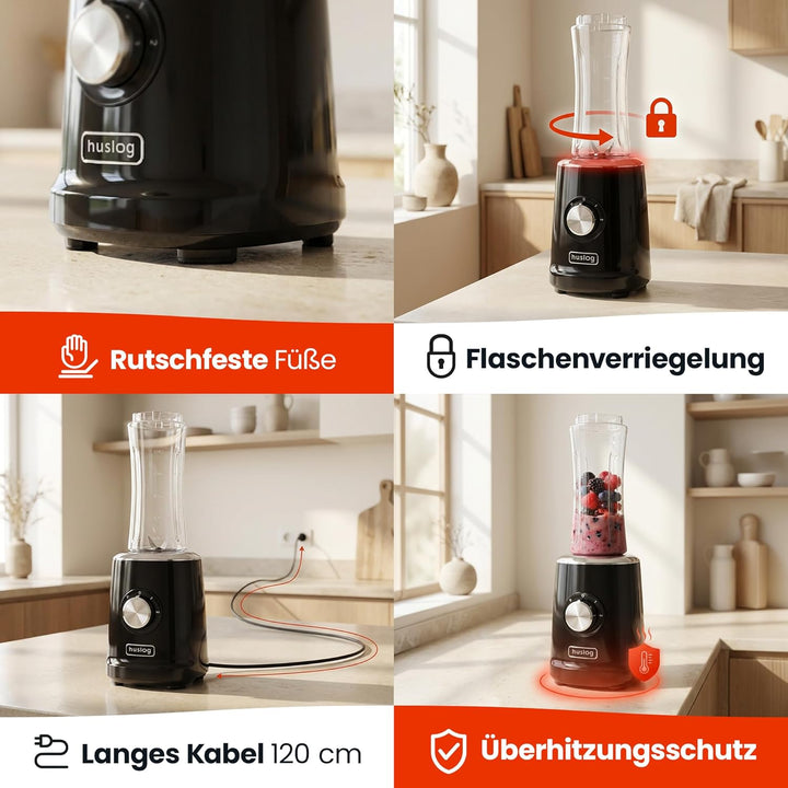 BlendGo Blender Smoothie-mixer, Trinkflasche 600 Ml, Schwarz Schwarz HUS1012, Schwarz HUS1012