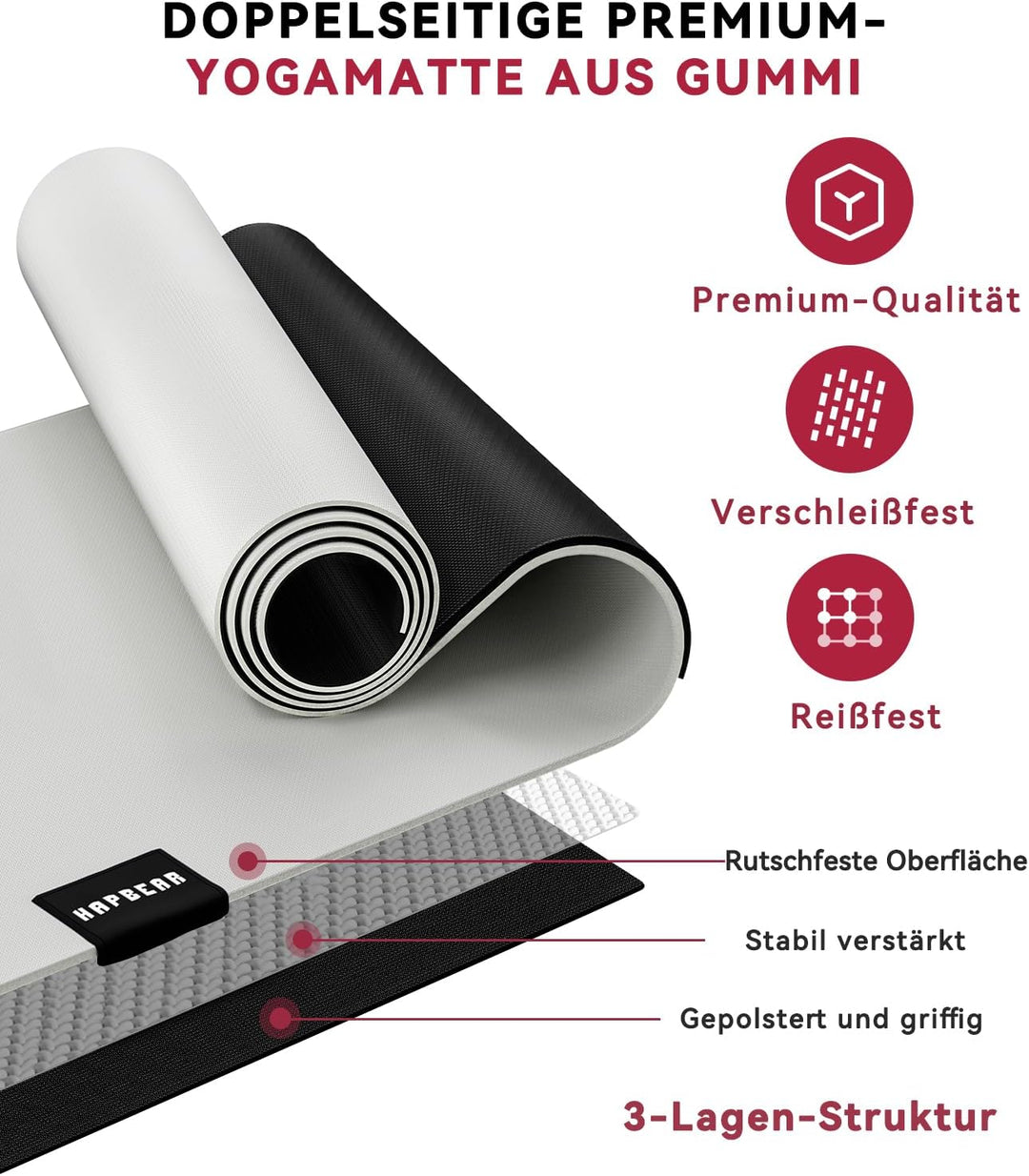 HAPBEAR Yogamatte XXL - 183cmx91cmx6mm Dicke, Extra Gross Rutschfest Breit Yoga Matte, Gymnastikmatt