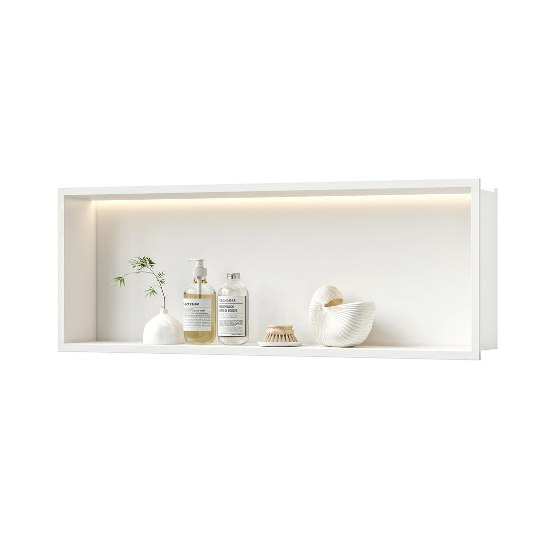 Wandnische Dusche Edelstahl mit LED Licht, Eingebettete Duschnische Weiss Einzelregal Lagerung für B
