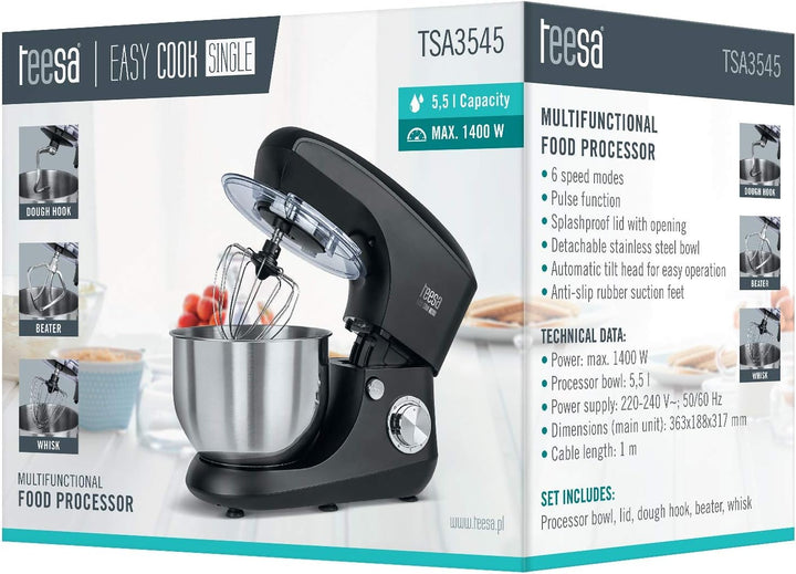 Teesa TSA3545-B EASY COOK SINGLE BLACK Küchenmaschine, Rührgerät, Mixer, 1400, Aluminium, 1 Liter, s