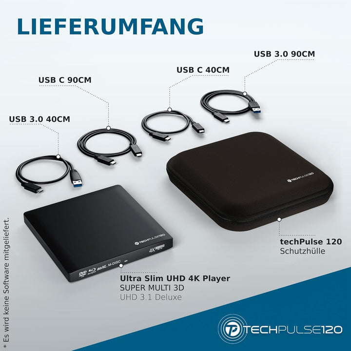 techPulse120 Externes USB 3.1 USB-C UHD 4k 3D M-DISC Blu-ray DVD CD BDXL HDR10 100GB Laufwerk Brenne