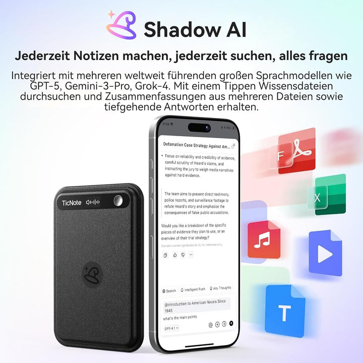 Mobvoi TicNote Lite KI Sprachrekorder 4 GB, KI-Notizgerät m. Echtzeit-Transkription & Zusammenfassun