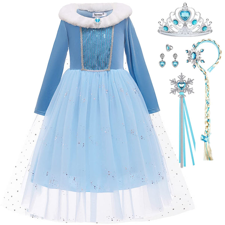 Snyemio Elsa Kostüm Mädchen Prinzessin Eiskönigin Kinder Kleid Eisprinzessin Verkleidung Langarm für