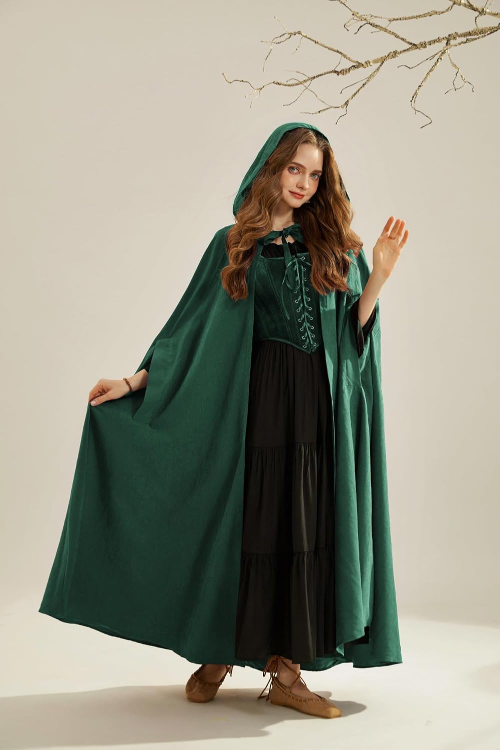 SCARLET DARKNESS Damen Mittelalter Umhang mit Kapuze Unisex Maxi Umhang Hexe Cosplay Cape Dunkelgrün