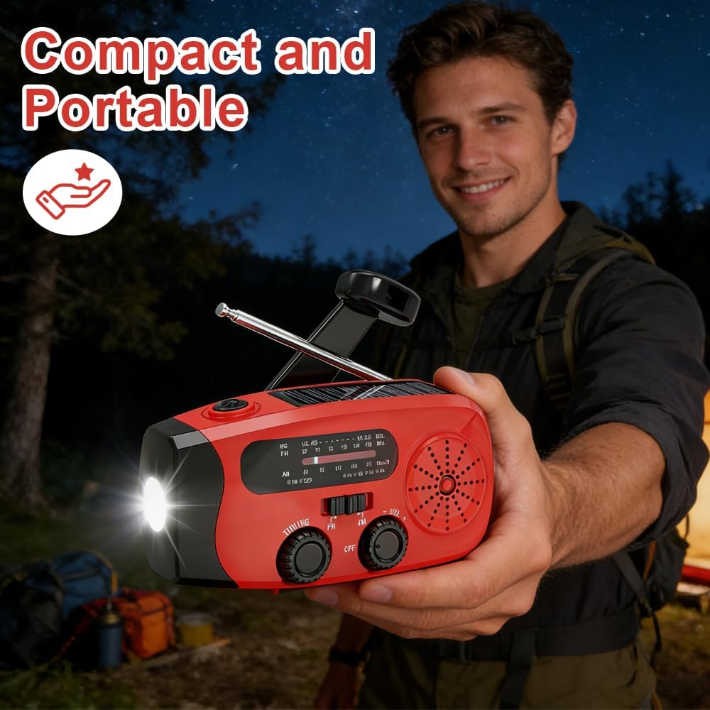 Notfallradio mit Kurbel und Solar, Tragbares Kurbelradio mit LED-Taschenlampe, Aufziehbares Solar No
