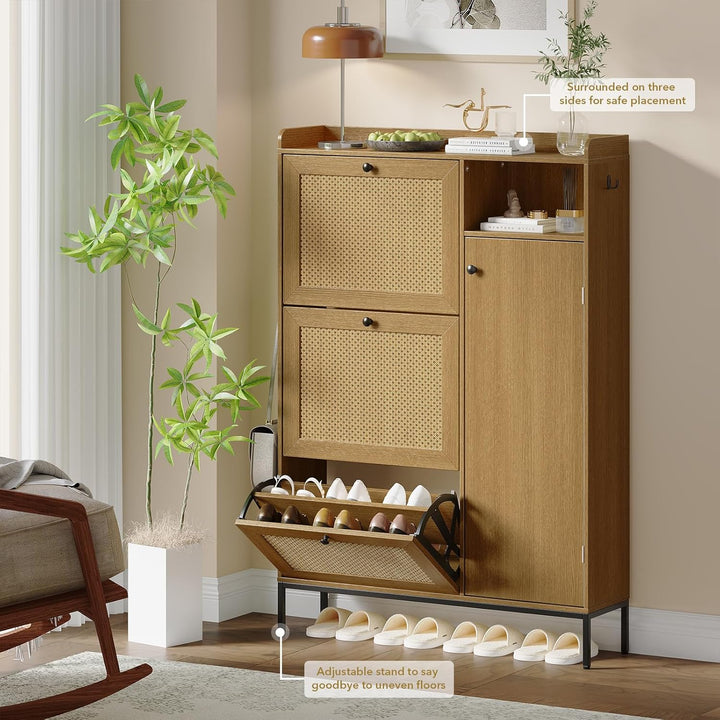 Garvee Schuhschrank Mit 3 Klappfächern &amp; 4 Offenen Regalen – Rattan-Design, Verstellbare Ablagen, Me