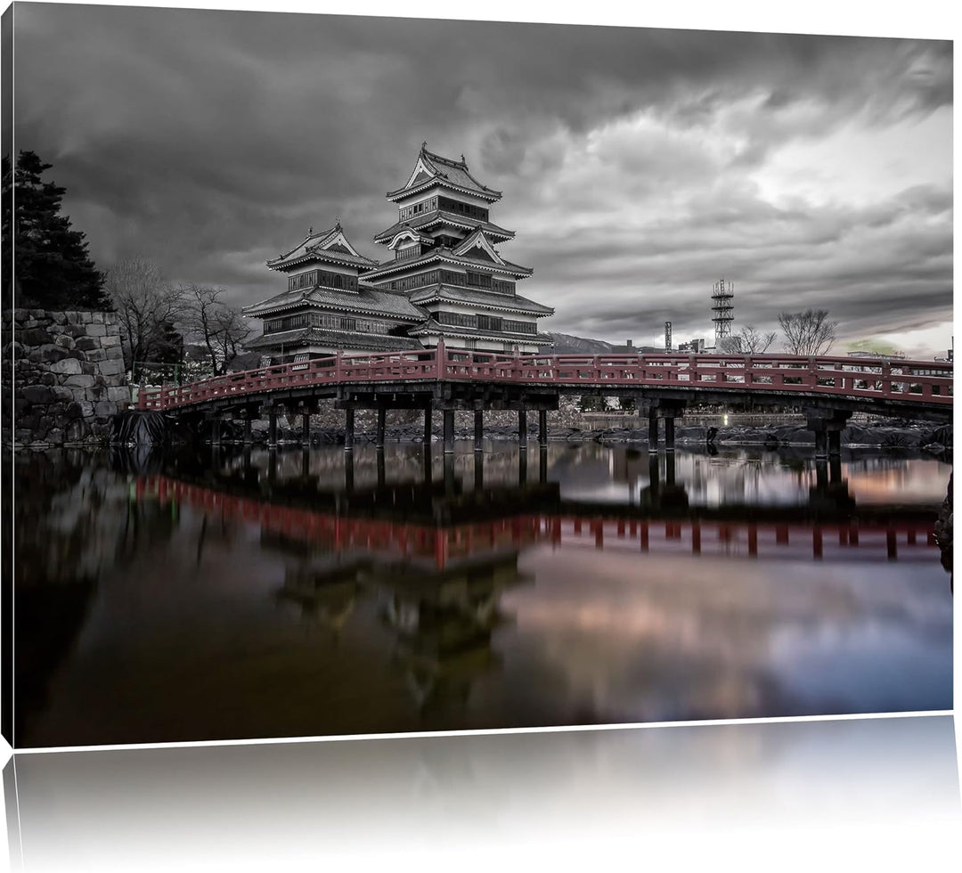 Pixxprint asiatischer Tempel an See als Leinwandbild/Grösse: 100x70 cm/Wandbild/Kunstdruck/fertig be