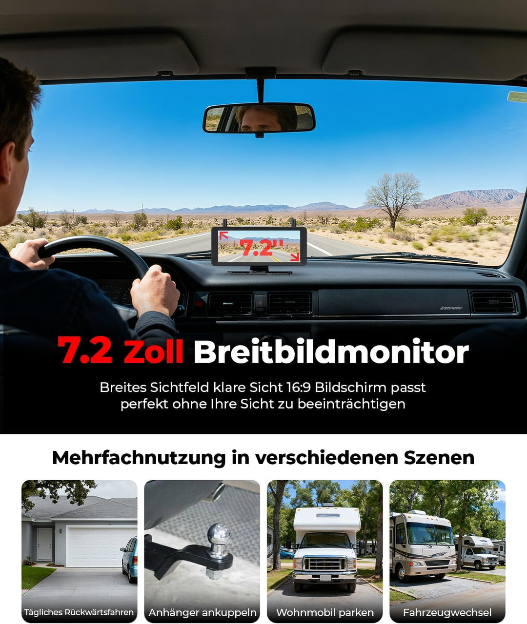 Solar Rückfahrkamera Kabellose 7,2 Zoll 1080P HD : Split Screen Monitor mit Starkem Signal Schnelle