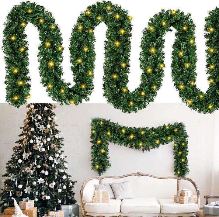 Jiubiaz 5m Tannengirlande Künstliche Weihnachtsgirlande Grün mit Beleuchtung 100 LEDs Warmweiss Lich