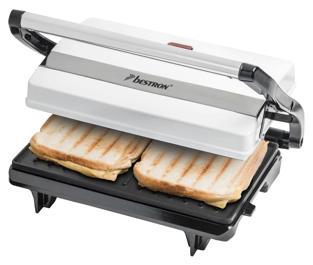 Bestron Kontaktgrill mit Auffangschale, Sandwichmaker mit Cool-Touch-Handgriff, Paninimaker mit Anti
