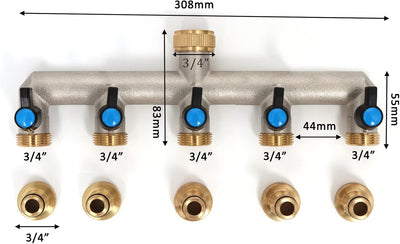 5-Wege Wasserhahn Wasserverteiler aus Messing für 5 Geräte/Gartenschläuche, 5er Verteiler 3/4" Adapt
