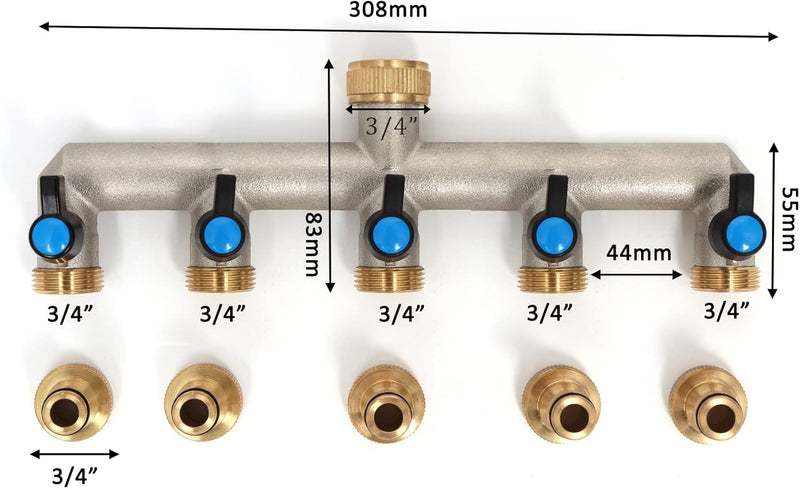 5-Wege Wasserhahn Wasserverteiler aus Messing für 5 Geräte/Gartenschläuche, 5er Verteiler 3/4" Adapt