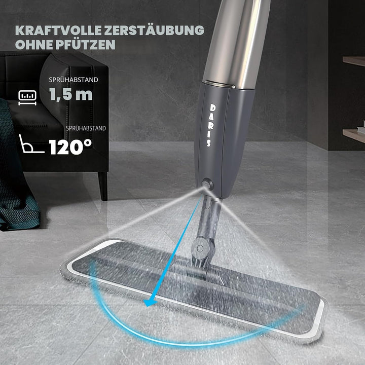 Grauer Wischer mit Sprühfunktion, 360° drehbarer Bodensprühwischer mit 3 waschbaren Mikrofaserpads,