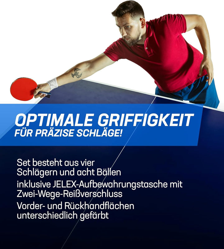 JELEX Sidespin 4er-Set Tischtennis Schläger aus Holz, mit unterschiedlich gefärbter Vorder- und Rück