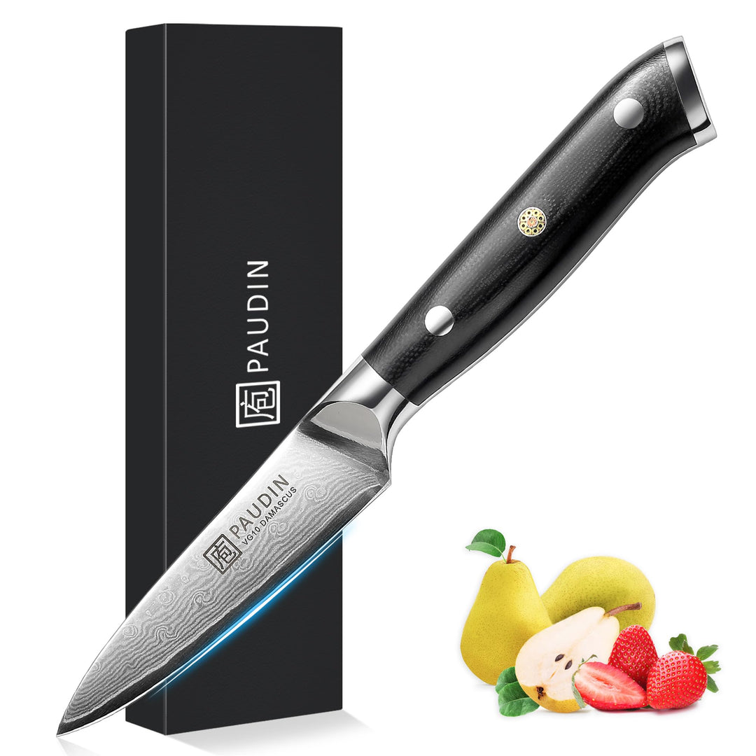 PAUDIN Damastmesser 9 cm – Gemüsemesser Schälmesser Obstmesser – VG10 Profi-Küchenmesser mit schwarz