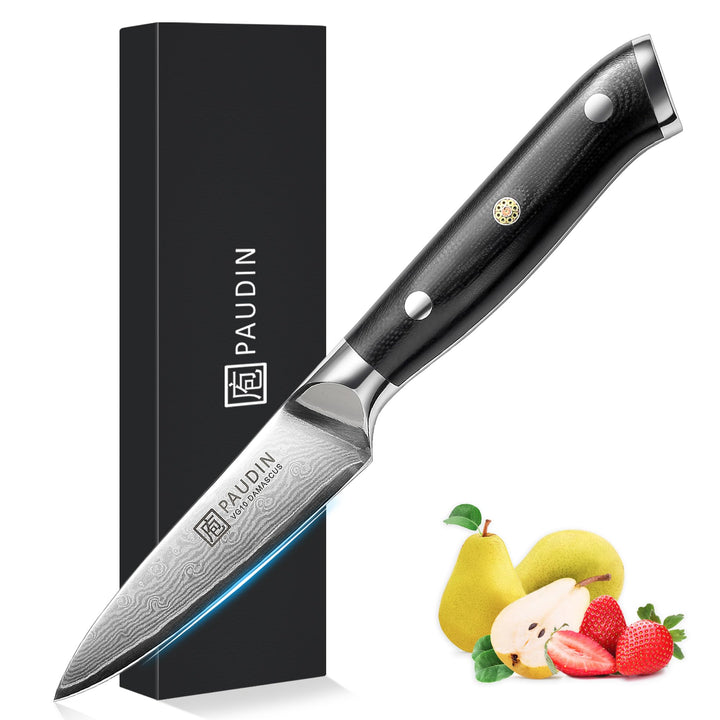 PAUDIN Damastmesser 9 cm – Gemüsemesser Schälmesser Obstmesser – VG10 Profi-Küchenmesser mit schwarz