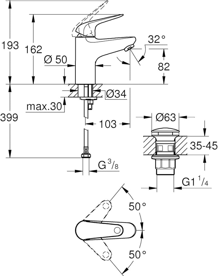 GROHE Swift - Waschtischarmatur (wassersparend, ~16cm hoch, inkl. Montagewerkzeug, Push-Open Ablauf)