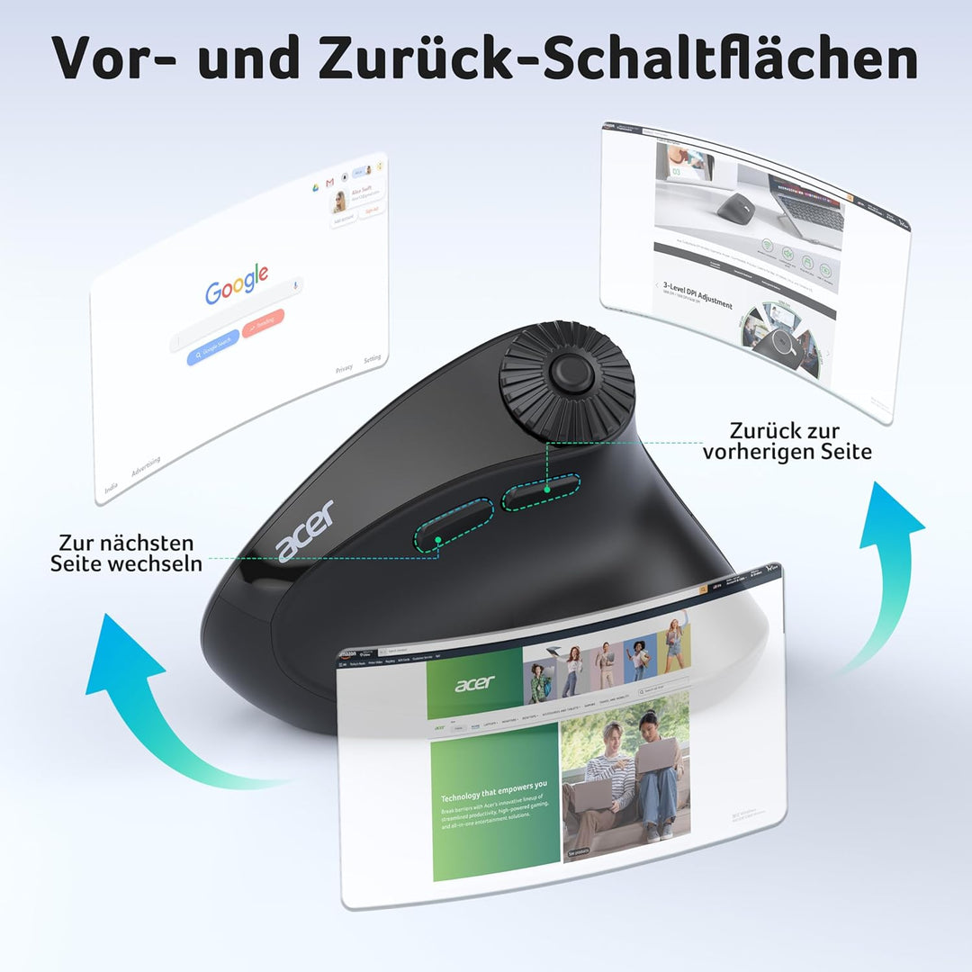acer Bluetooth Maus Kabellos (BT 5.2+2.4G), Ergonomische Maus 4000 DPI mit Seitlichem Scrollrad, Fun