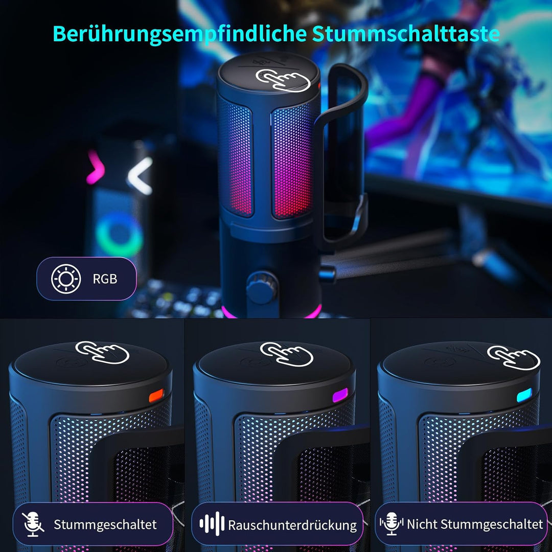 K KASONIC RGB Mikrofon für Gaming mit Boom Arm, Home Studio Kondensatormikrofon für PC, 24bit 192kHz