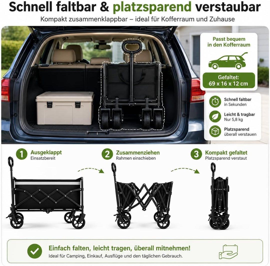 Faltbarer Bollerwagen mit Feststellbremse, 120L Grosser Strandwagen 100KG, Robuster Outdoor Transpor