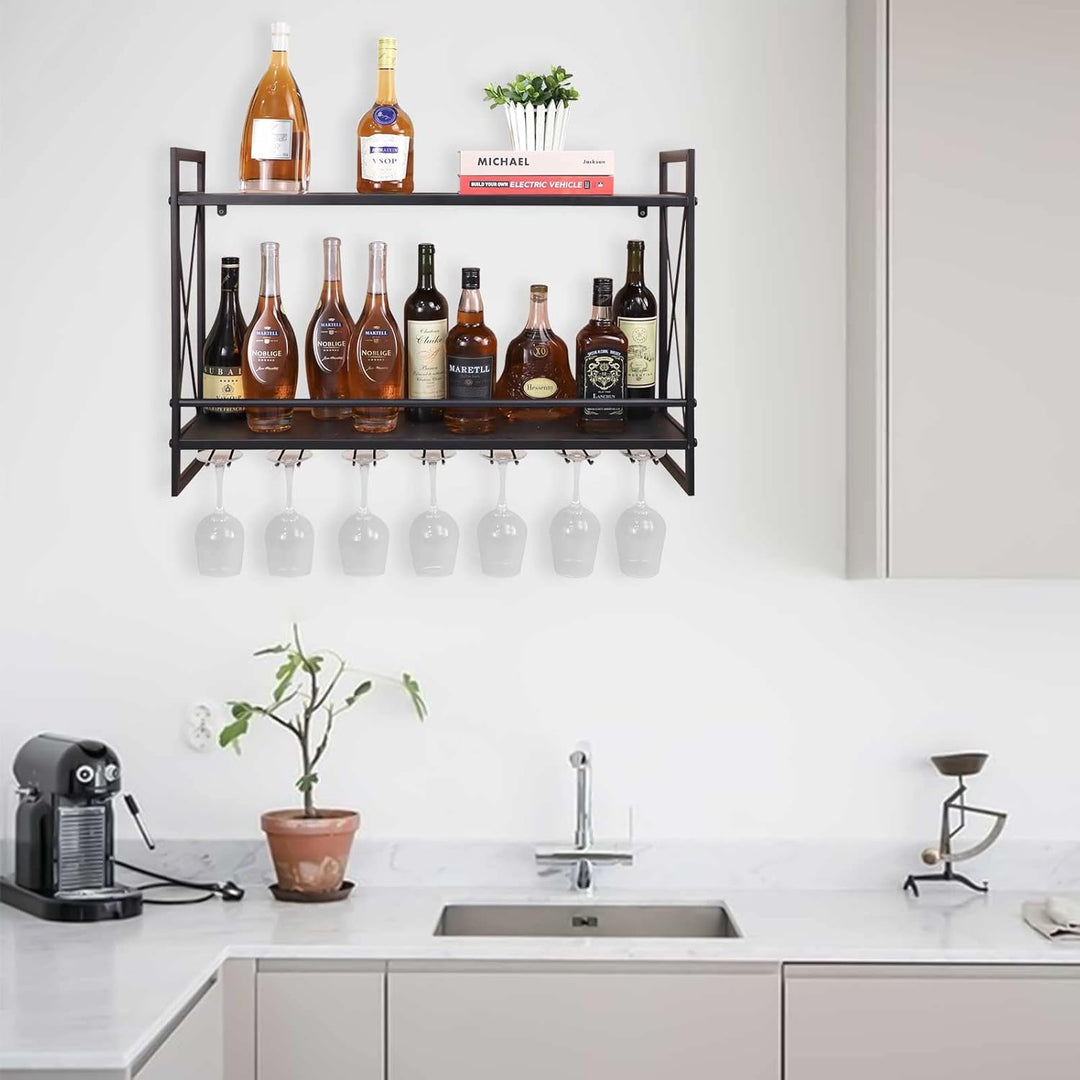 CNNINGYI Industrielle Wand-Weinregale mit Glashalter, 31,5 Zoll rustikale Metall-Mehrzweckregale, 2-