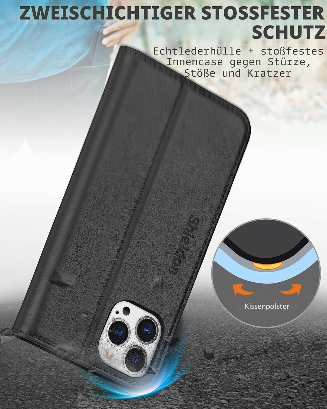SHIELDON Hülle für iPhone 13 Pro Max Handyhülle TPU [Echtleder] [Kartenfach] [Magnet] Standfunktion