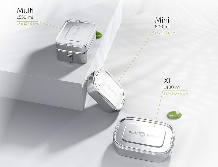 FOXBOXX Edelstahl Brotdose Premium | Multi 1550ml DOPPELDECKER | 2 Ebenen + 1 Trenner + 150ml MiniBo