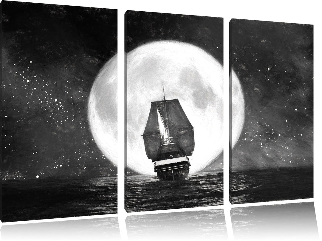 Pixxprint Segelschiff bei Vollmond Kunst / 3-Teilig/Gesamtmass 120cm Leinwandbild bespannt auf Holzr