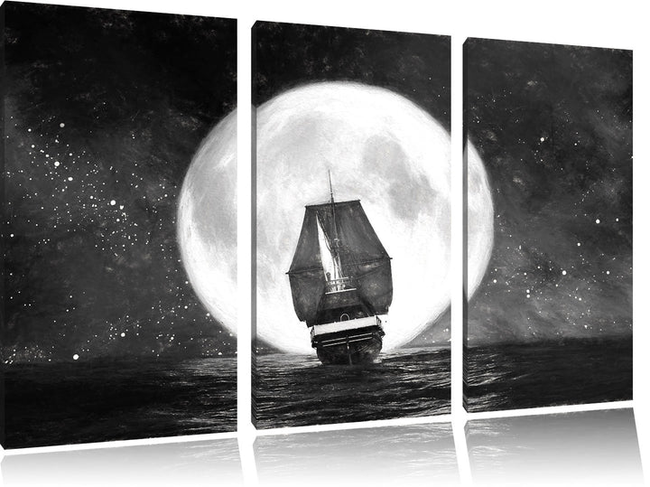 Pixxprint Segelschiff bei Vollmond Kunst / 3-Teilig/Gesamtmass 120cm Leinwandbild bespannt auf Holzr