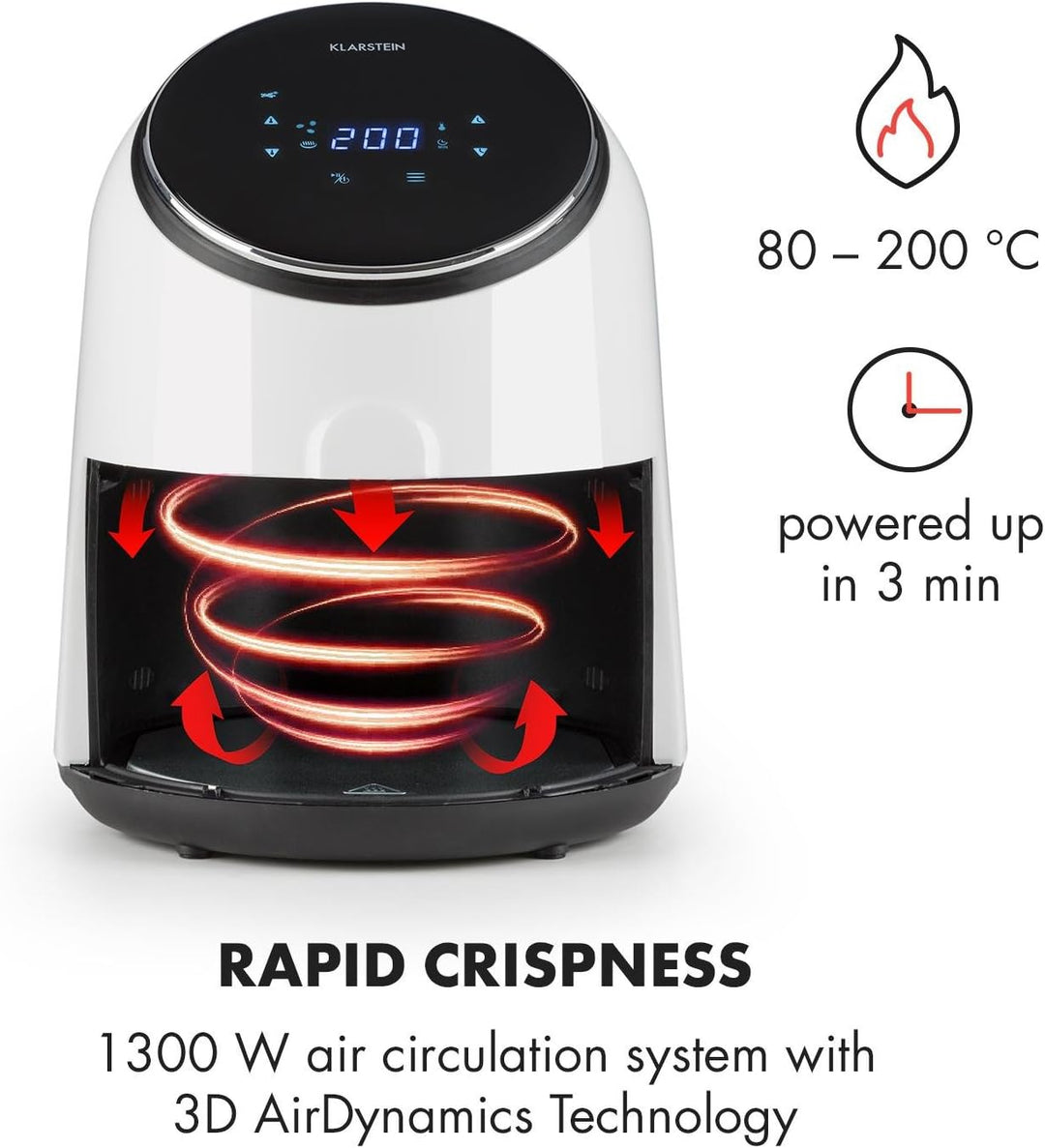 Klarstein AirVital - Heissluftfritteuse, Fritteuse, AirFryer, 1300 W, 2,5 L Füllmenge, fett-frei Fri
