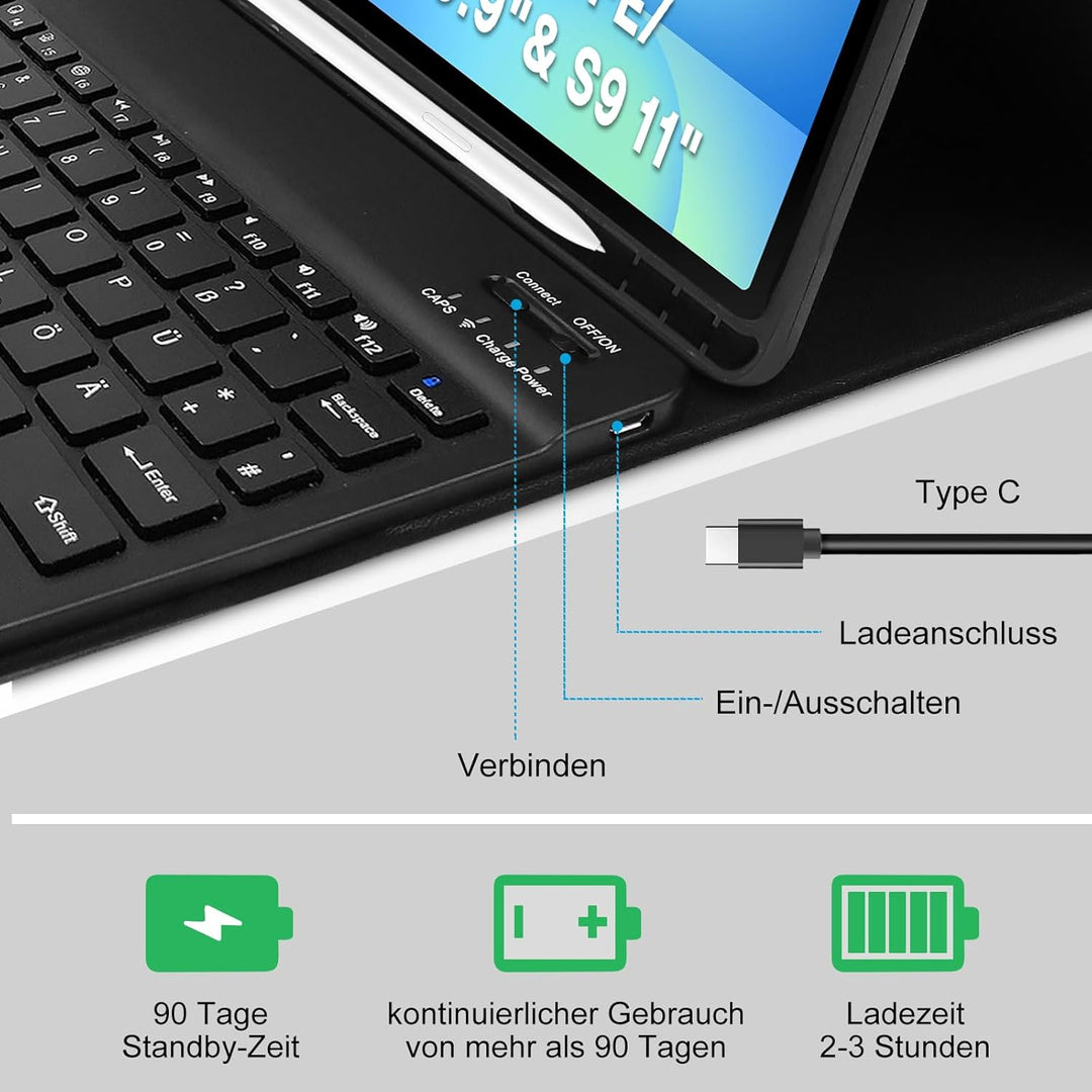 Tastatur Hülle für Samsung Galaxy Tab S10 FE / S10 Lite / S9 FE 10.9" & S9 11" Tablet, Keyboard Cove