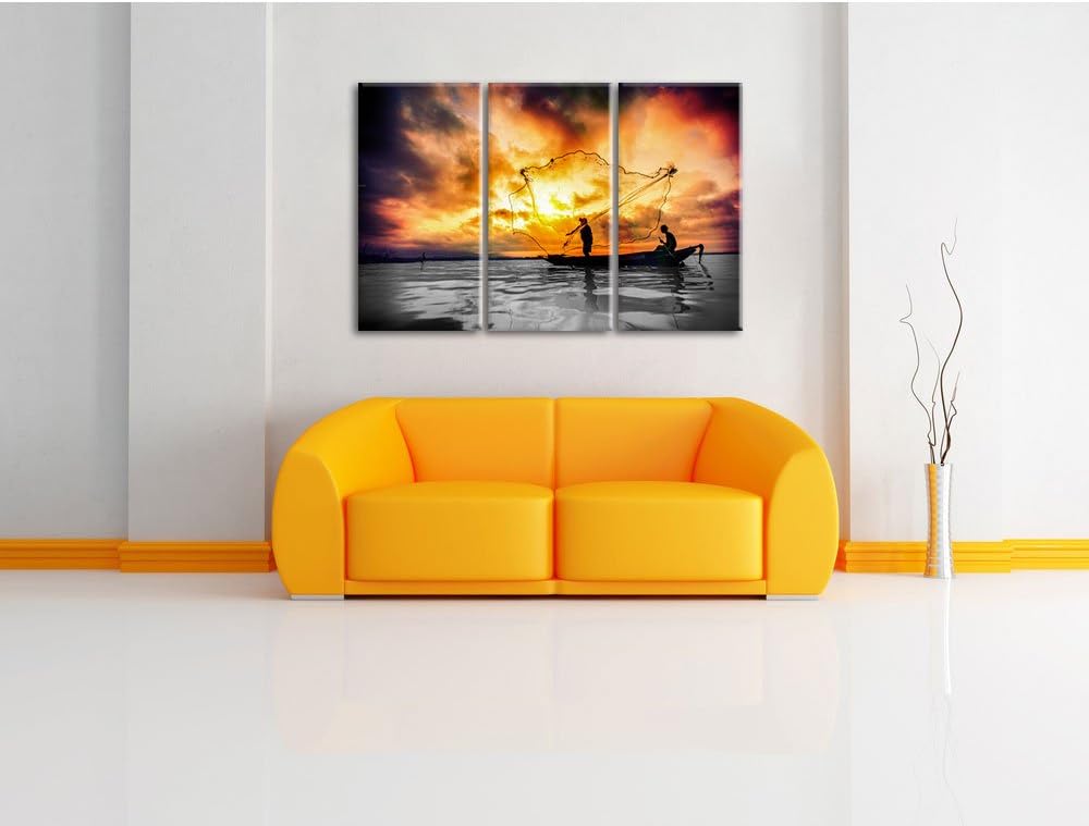 Pixxprint Angler mit grossem Fangnetz als Leinwandbild/Grösse: 3 Teilig (120x80) cm/Wandbild/Kunstdr