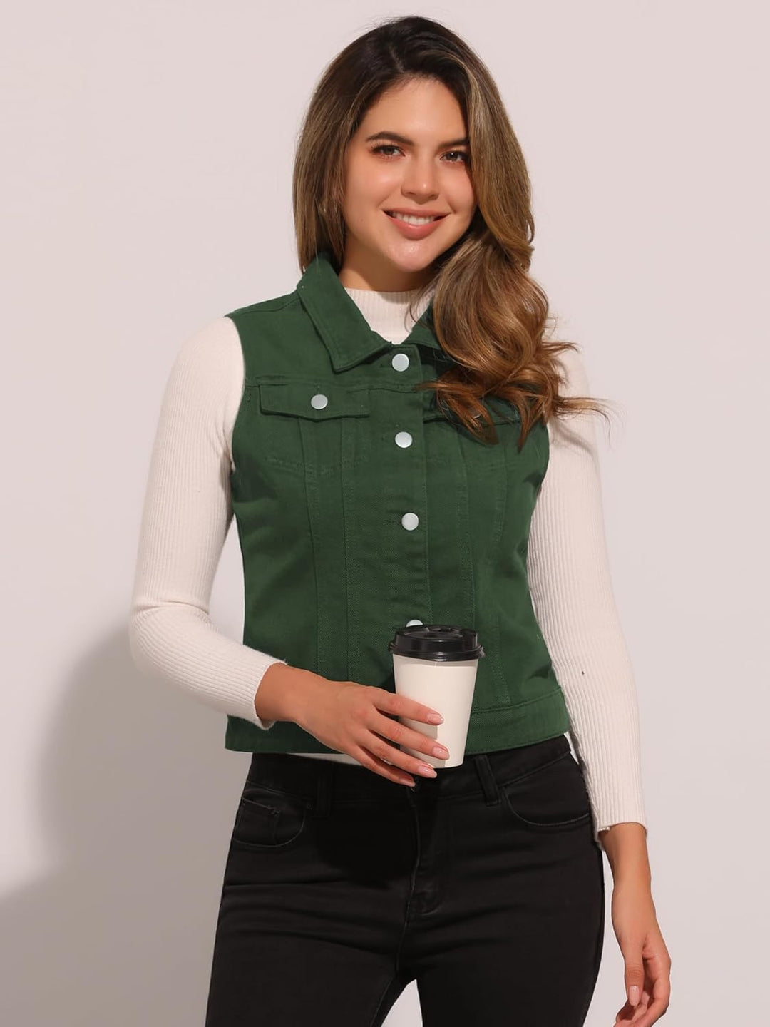 Allegra K Damen Jeansweste Ärmellos Knopfleiste Denim Rever Jacke Westen mit Taschen S Dunkelgrün, S