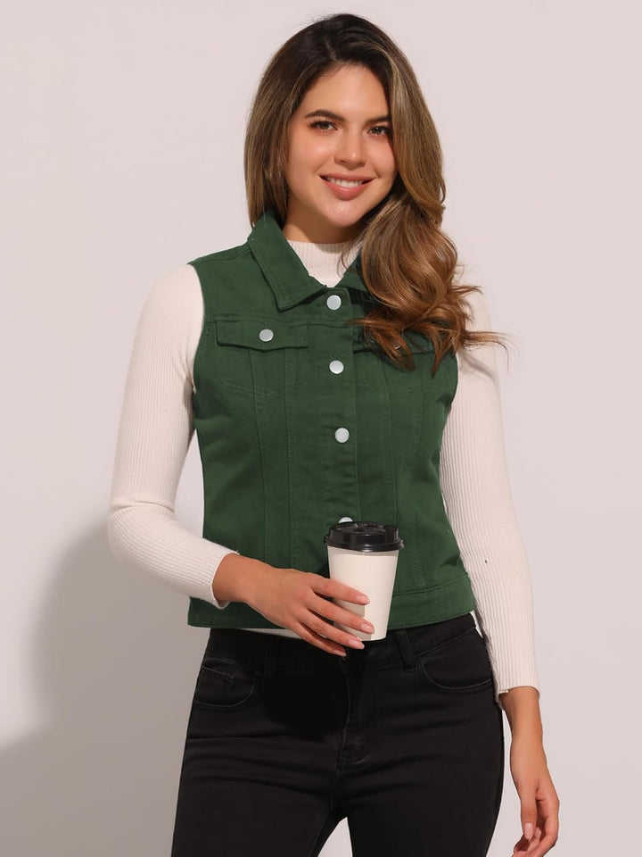 Allegra K Damen Jeansweste Ärmellos Knopfleiste Denim Rever Jacke Westen mit Taschen S Dunkelgrün, S