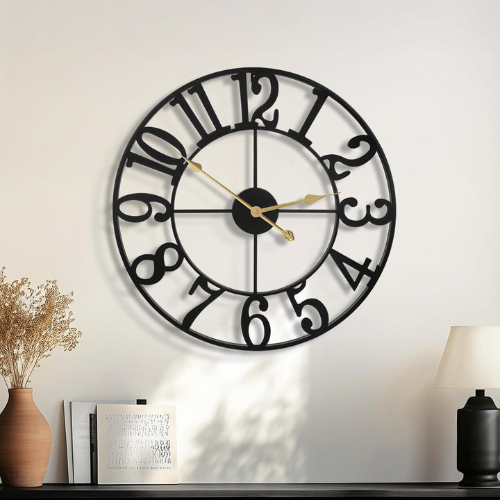 HAITANG Grosse Modern Wanduhr Wohnzimmer, Schwarz Wanduhr Rund Metall Geräuschlos Nicht Tickend Batt