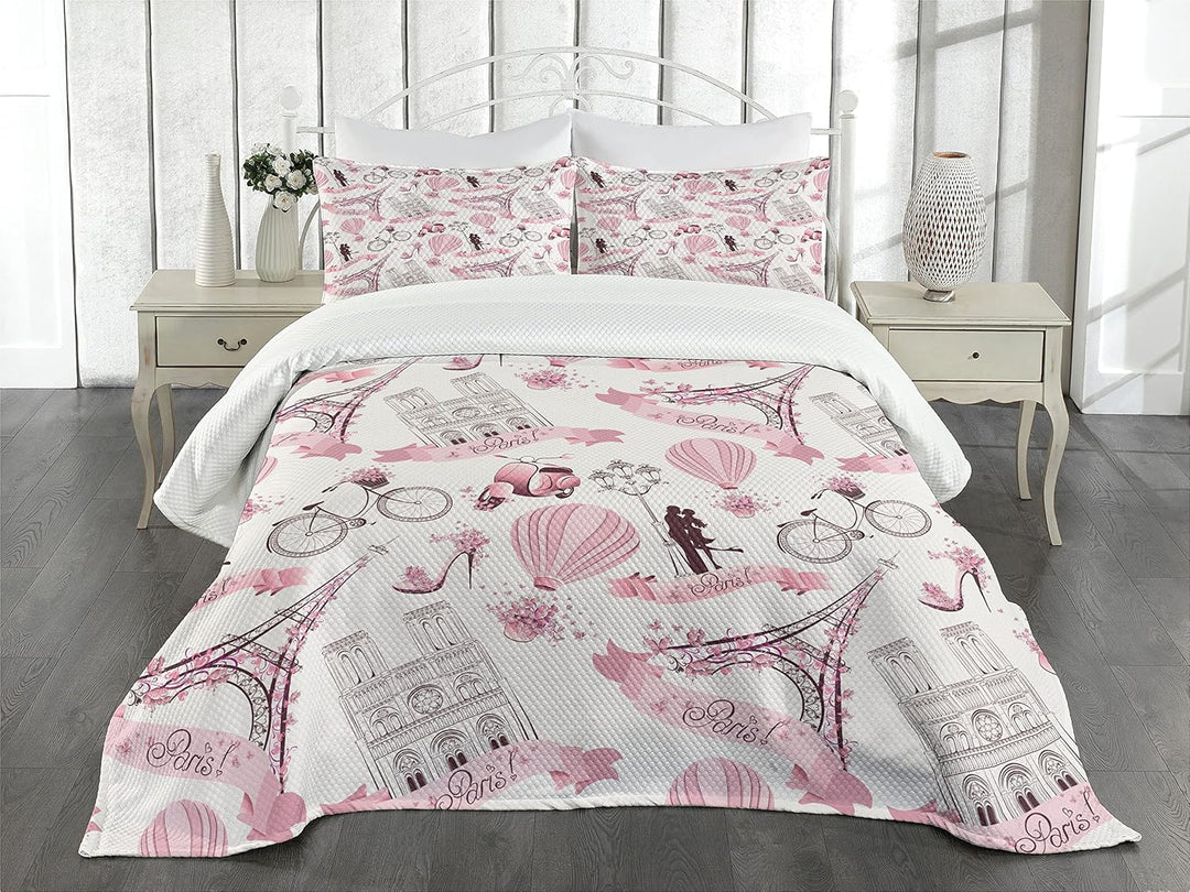 ABAKUHAUS Eiffelturm Tagesdecke Set, Paris Hochzeitsreise, Set mit Kissenbezügen Waschbar, für Doppe