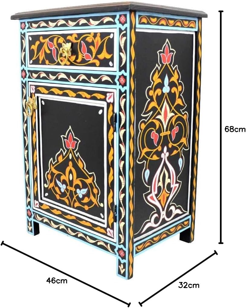L´Orient Marokkanische Kommode Menara aus Vollholz Schwarz Handbemalt H 68 cm 1 Schublade 1 Tür | An