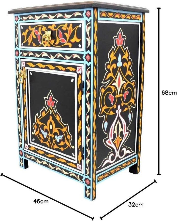 L´Orient Marokkanische Kommode Menara aus Vollholz Schwarz Handbemalt H 68 cm 1 Schublade 1 Tür | An
