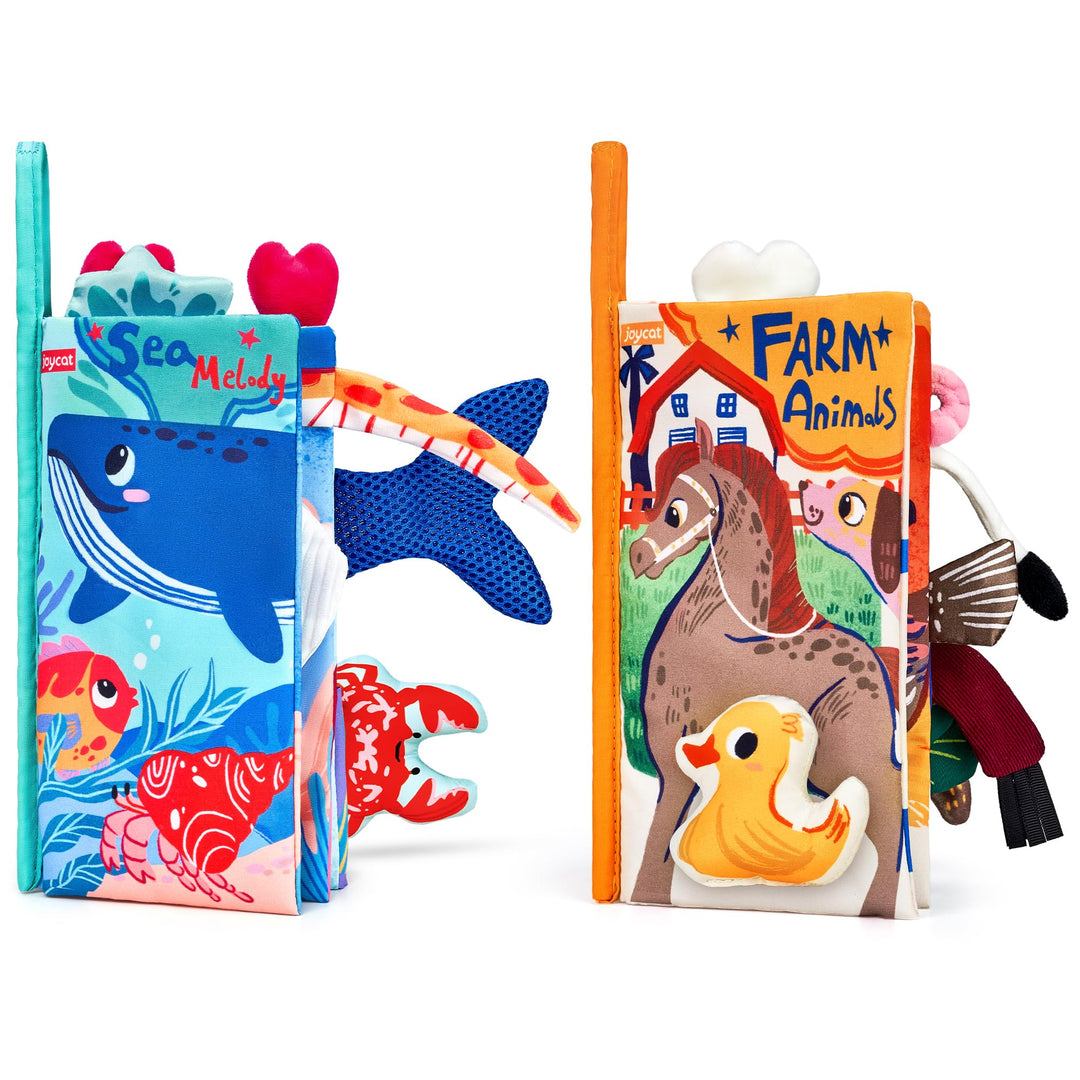 JoyCat Baby Spielzeug ab 0 3 6 Monate, 2 Stück Babybuch Stoffbuch, Bauernhof &amp; Ozean Fühlbuch Kniste
