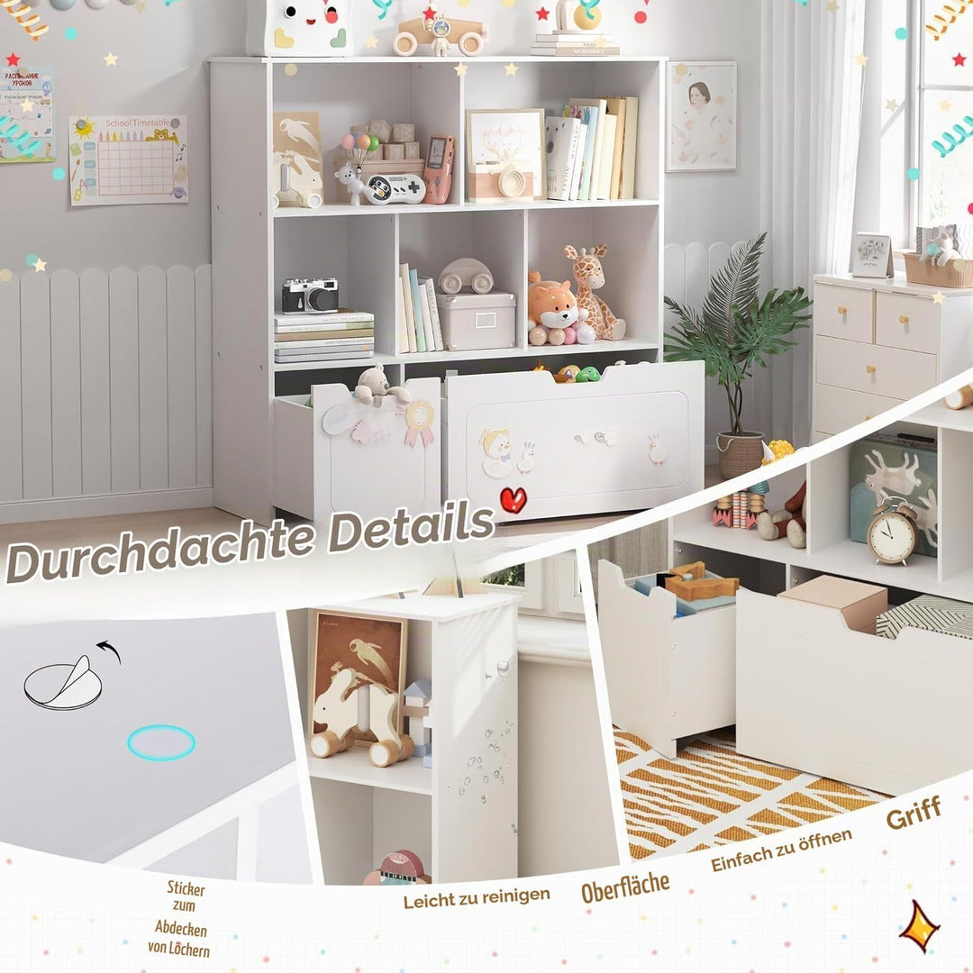 BRINJOY Kinderregal mit 8 Boxen Kinderschrank Holz Bücherregal für Kinder Aufbewahrungsbox mit 2 Bew