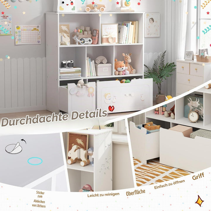 BRINJOY Kinderregal mit 8 Boxen Kinderschrank Holz Bücherregal für Kinder Aufbewahrungsbox mit 2 Bew