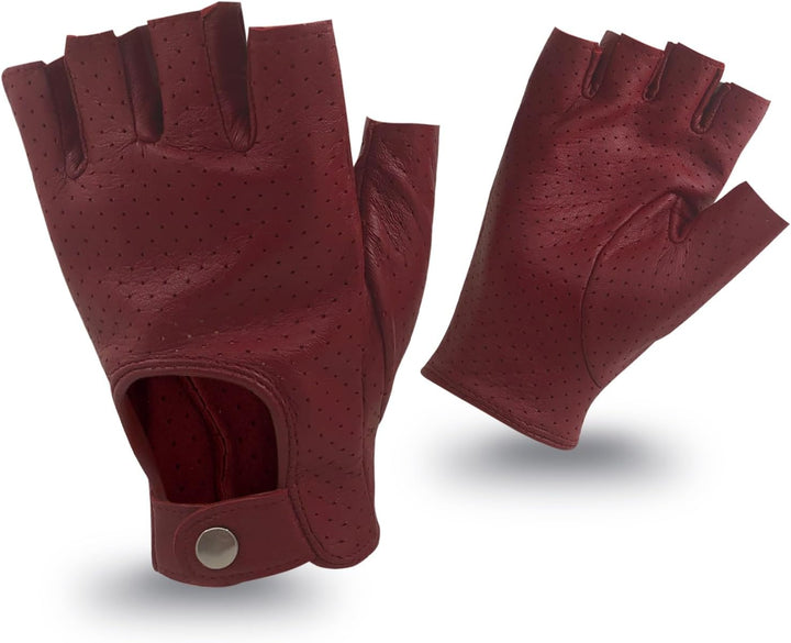 ZLUXURQ Damen-Lederhandschuhe Vollmaschige Fingerlose Halbfinger-Fahrhandschuhe X-Large-8" Rot, X-La
