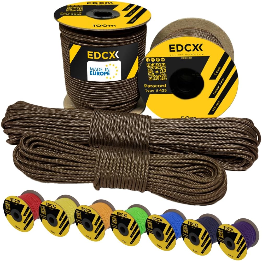 EdcX 3mm Nylon Paracord 425 (15, 30, 50 und 100m) - Typ II, 100% Nylonseil, 3 Litzen Seil, 3mm Nylon