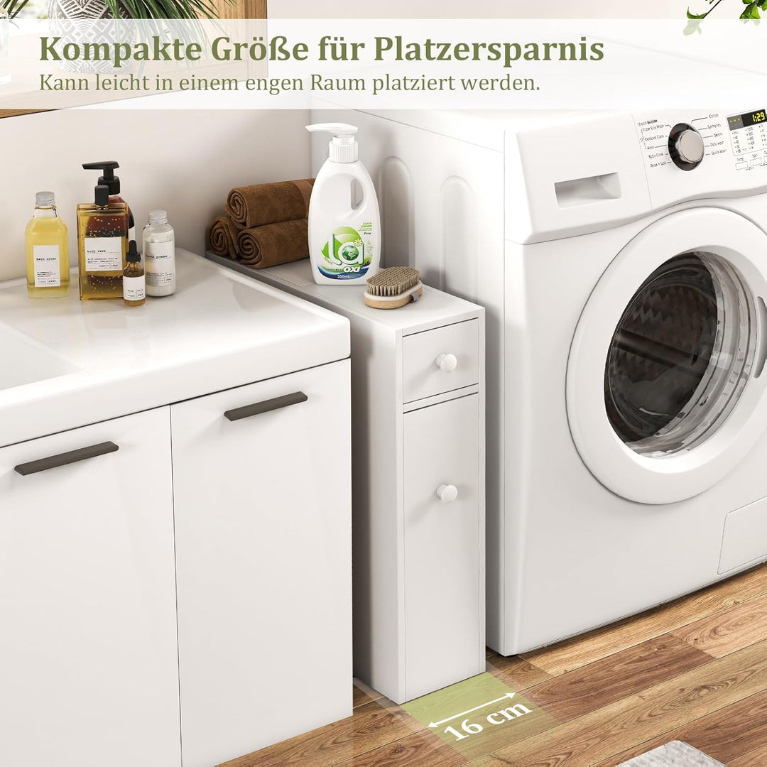 COSTWAY Nischenregal mit Schubladen, schmaler Nischenschrank aus Holz, Badschrank, Badregal, Seitens