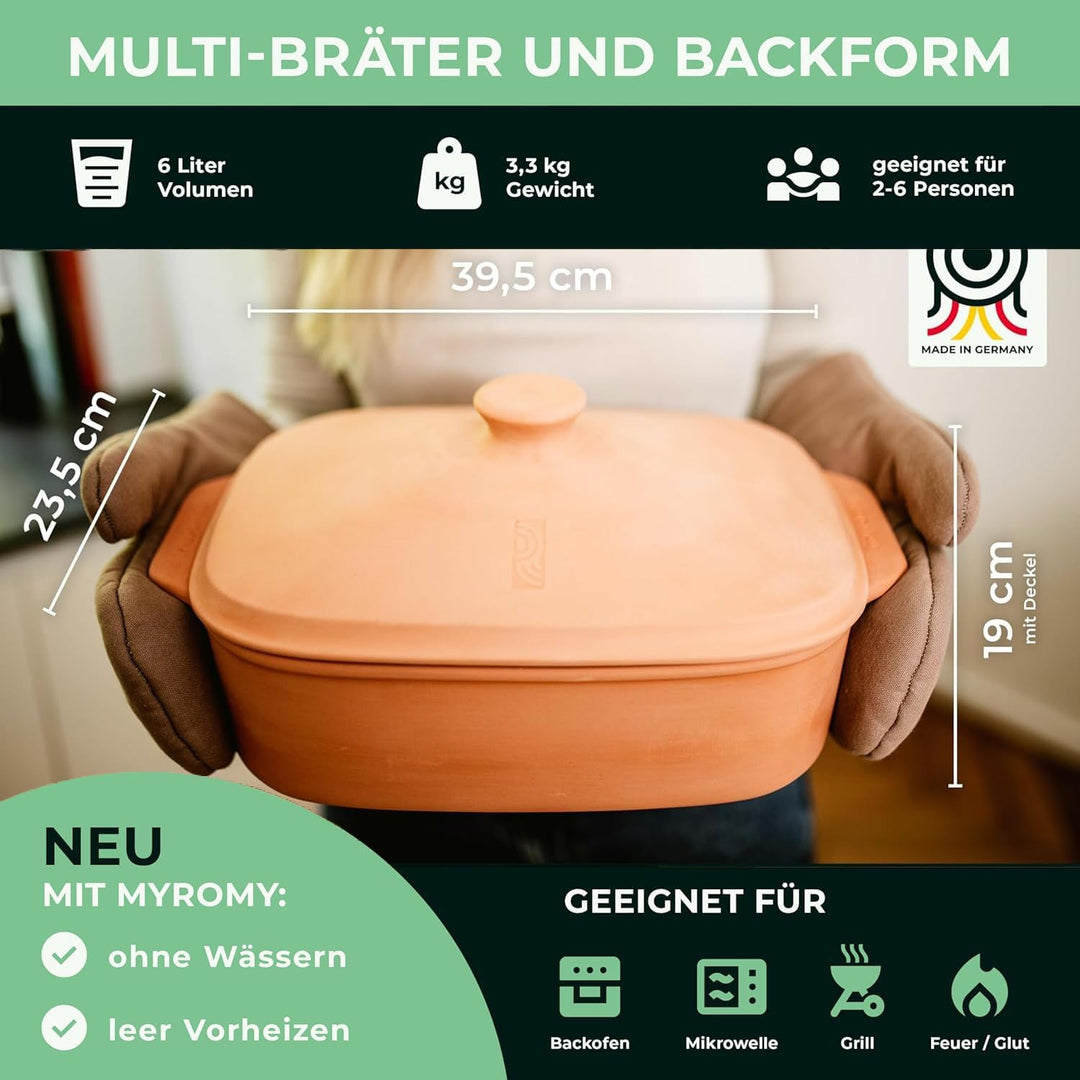 myromy® Bräter, Schmortopf & Brotbackform aus Keramik Natur-Ton: Bratentopf, Dampfgarer & Backform,